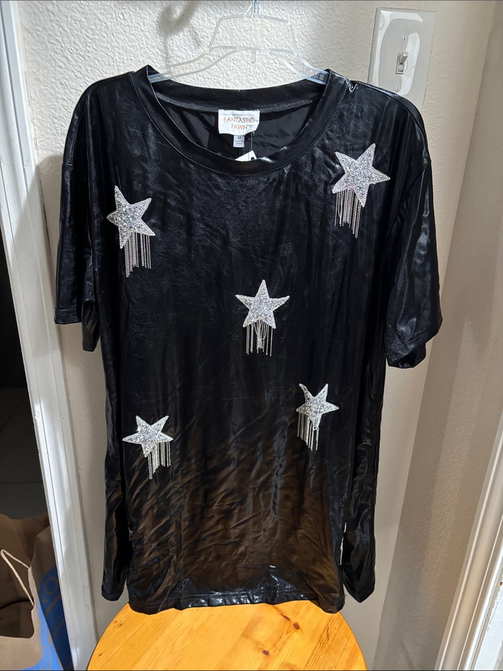 Fantastic Fawn Black Short-Sleeve Dress with Silver Star Tassels M